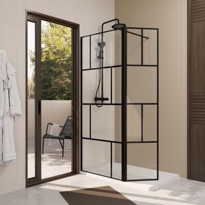 AURLANE Paroi de Douche avec Volet Pivotant 80+40x195cm - Verre 8mm Anticalcaire - Motifs et Profilés Noir Noir - Publicité AURLANE Paroi de Douche avec Volet Pivotant 80+40x195cm - Verre 8mm Anticalcaire - Motifs et Profilés Noir Noir - Publicité