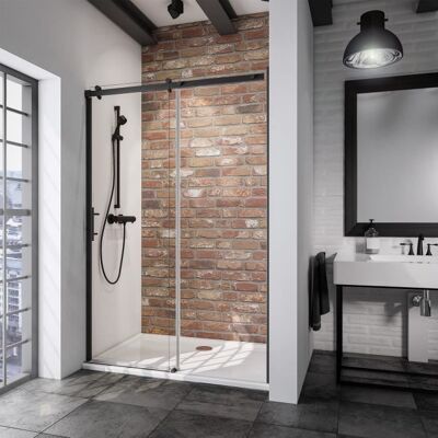 Schulte porte de douche coulissante 160x200 cm en niche anticalcaire verre 6 mm transparent style atelier industriel noir Noir - Publicité Schulte porte de douche coulissante 160x200 cm en niche anticalcaire verre 6 mm transparent style atelier industriel noir Noir - Publicité