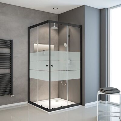 Schulte paroi de douche accès dangle droit 75-90x75-90x180 cm portes coulissantes verre 4 mm rayures horizontales noir Noir - Publicité Schulte paroi de douche accès dangle droit 75-90x75-90x180 cm portes coulissantes verre 4 mm rayures horizontales noir Noir - Publicité