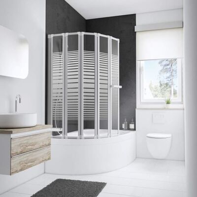 Pare-baignoire pliant 115x140 cm paroi de baignoire 5 volets pivotants verre transparent décor rayures profilé blanc Schulte Blanc - Publicité Pare-baignoire pliant 115x140 cm paroi de baignoire 5 volets pivotants verre transparent décor rayures profilé blanc Schulte Blanc - Publicité