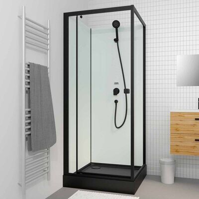 AURLANE Cabine de douche carrée 80x80x200cm - Porte pivotante - Fonds Blancs - Receveur et Profilés Noirs Blanc - Publicité AURLANE Cabine de douche carrée 80x80x200cm - Porte pivotante - Fonds Blancs - Receveur et Profilés Noirs Blanc - Publicité