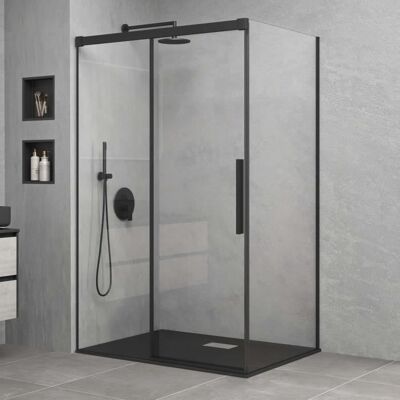 Mai & Mai Cabine de douche en angle 100x130 porte coulissante rectangulaire verre transparent de 6mm Rav12 Noir Noir - Publicité Mai & Mai Cabine de douche en angle 100x130 porte coulissante rectangulaire verre transparent de 6mm Rav12 Noir Noir - Publicité