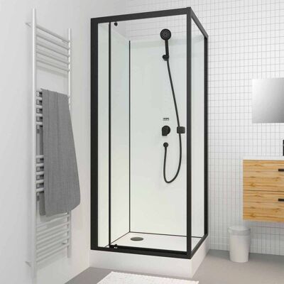 AURLANE Cabine de douche carrée 80x80x200 cm - Porte pivotante - Fonds Blancs & Profilés Noir Mat Blanc - Publicité AURLANE Cabine de douche carrée 80x80x200 cm - Porte pivotante - Fonds Blancs & Profilés Noir Mat Blanc - Publicité