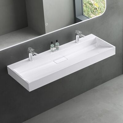 Double lavabo suspendu Mai & Mai Col19 120x46cm blanc rectangulaire avec cache bonde en résine Blanc - Publicité Double lavabo suspendu Mai & Mai Col19 120x46cm blanc rectangulaire avec cache bonde en résine Blanc - Publicité