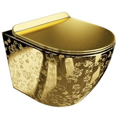 LAVITA SOFI SLIM - WC Suspendu - 365x490mm - Finition Golden Eye & Sans Bride - Cuvette Or - Abattant Slim - Design Luxe Jaune - Publicité LAVITA SOFI SLIM - WC Suspendu - 365x490mm - Finition Golden Eye & Sans Bride - Cuvette Or - Abattant Slim - Design Luxe Jaune - Publicité