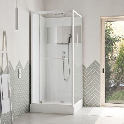 AURLANE Cabine de Douche Carrée 90x90cm Porte Pivotante - Blanche - Bande Effet Miroir - SQUARE STRIPE Blanc - Publicité AURLANE Cabine de Douche Carrée 90x90cm Porte Pivotante - Blanche - Bande Effet Miroir - SQUARE STRIPE Blanc - Publicité