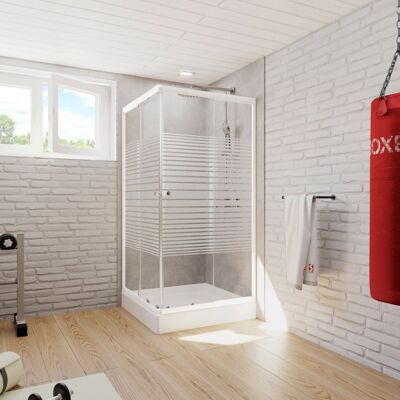 Schulte paroi de douche accès dangle droit 75-90x75-90x175 cm portes coulissantes verre 4 mm bandes transversales blanc Sunny Blanc - Publicité Schulte paroi de douche accès dangle droit 75-90x75-90x175 cm portes coulissantes verre 4 mm bandes transversales blanc Sunny Blanc - Publicité