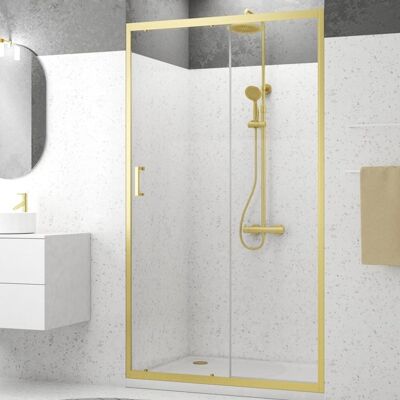 AURLANE Porte de douche Coulissante 120x200cm - Profilés Or Doré Brossé - Verre Trempé 6mm - GOLDY CRUSH Jaune - Publicité AURLANE Porte de douche Coulissante 120x200cm - Profilés Or Doré Brossé - Verre Trempé 6mm - GOLDY CRUSH Jaune - Publicité