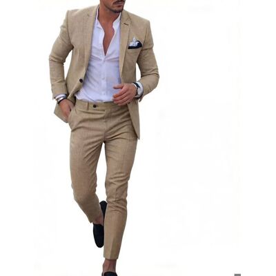 Costume Homme 2 Pièces-LEOCLOTHO-Veste et Pantalon–Coupe Slim-Kaki Beige - Publicité Costume Homme 2 Pièces-LEOCLOTHO-Veste et Pantalon–Coupe Slim-Kaki Beige - Publicité