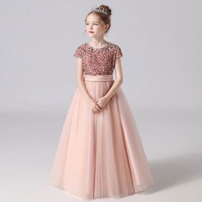 INSFITY Robe de Soirée à Paillettes Fille Manches Courtes Robe Longue Princesse en Tulle Couleur Unie 2-10 Ans - Rose Rose - Publicité INSFITY Robe de Soirée à Paillettes Fille Manches Courtes Robe Longue Princesse en Tulle Couleur Unie 2-10 Ans - Rose Rose - Publicité