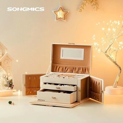 SONGMICS Boîte à bijoux avec 2 tiroirs verrouillable avec miroir Boîte de voyage portable doublure en velours idée cadeau Blanc - Publicité SONGMICS Boîte à bijoux avec 2 tiroirs verrouillable avec miroir Boîte de voyage portable doublure en velours idée cadeau Blanc - Publicité