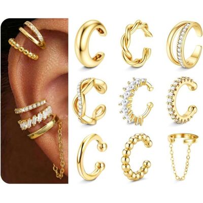 Ear cuff plaqué or 14 carats - Lot de 9 - Sans perçage - Réglables - Hypoallergéniques - Design ouvert - Publicité Ear cuff plaqué or 14 carats - Lot de 9 - Sans perçage - Réglables - Hypoallergéniques - Design ouvert - Publicité