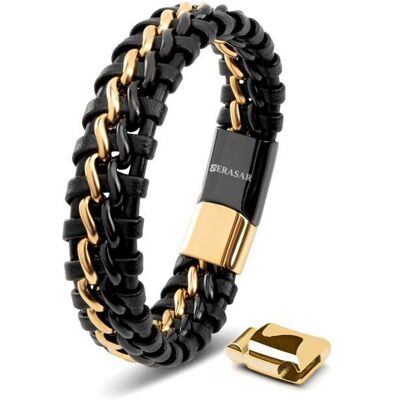 Bracelet en Cuir pour Homme SERASAR B015-23 Or/Noir Bijoux élégants et à la mode cadeau parfait pour mari ou petit ami. Publicité Bracelet en Cuir pour Homme SERASAR B015-23 Or/Noir Bijoux élégants et à la mode cadeau parfait pour mari ou petit ami. Publicité