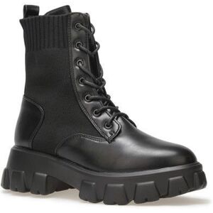 La Modeuse-Bottines-Bottines rangers bi-matières effet chaussette.Modèle à bout rond laçage à 14 oeillets.Semelle plateforme Noir - Publicité La Modeuse-Bottines-Bottines rangers bi-matières effet chaussette.Modèle à bout rond laçage à 14 oeillets.Semelle plateforme Noir - Publicité