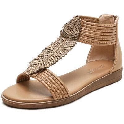 Sandale décontractée pour Femmes - MOBIGARLAN - Plage de Sable - Talon Plat - Beige/Kaki - Cuir Beige - Publicité Sandale décontractée pour Femmes - MOBIGARLAN - Plage de Sable - Talon Plat - Beige/Kaki - Cuir Beige - Publicité