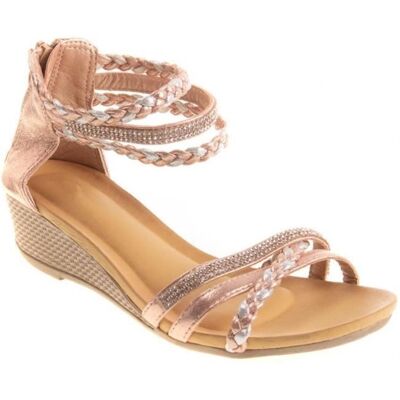 Sandales femme compensées petit talon bride cheville tressée & strass-36 Rose - Publicité Sandales femme compensées petit talon bride cheville tressée & strass-36 Rose - Publicité