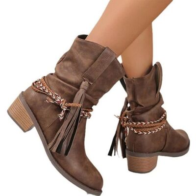 FONDUPIN Bottes Femme Talon Carré Franges Bottes-Marron Marron - Publicité FONDUPIN Bottes Femme Talon Carré Franges Bottes-Marron Marron - Publicité