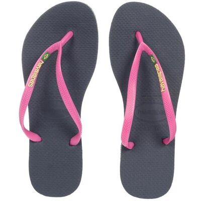 HAVAIANAS Sandales Slim Brasil Logo - Femme - Marine et rose Bleu - Publicité HAVAIANAS Sandales Slim Brasil Logo - Femme - Marine et rose Bleu - Publicité