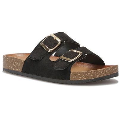 LA MODEUSE Mules en suédine dotées de deux brides avec boucles réglables.Semelle bi-matières avec aspect liège. pour femme - Tongs mules - La Noir - Publicité LA MODEUSE Mules en suédine dotées de deux brides avec boucles réglables.Semelle bi-matières avec aspect liège. pour femme - Tongs mules - La Noir - Publicité