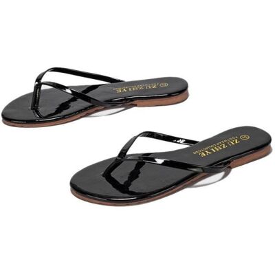 LEOCLOTHO Tongs Femme - PU Cuir - Bout Ouvert - Plage - Noir Brillant Noir - Publicité LEOCLOTHO Tongs Femme - PU Cuir - Bout Ouvert - Plage - Noir Brillant Noir - Publicité