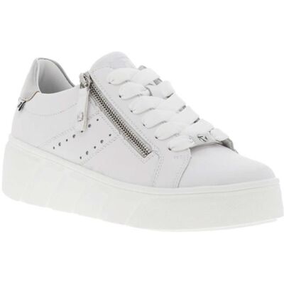 Rieker Baskets basses cuir - Femme - Blanc - Zip - Plat - Empiècement gris irisé Blanc - Publicité Rieker Baskets basses cuir - Femme - Blanc - Zip - Plat - Empiècement gris irisé Blanc - Publicité