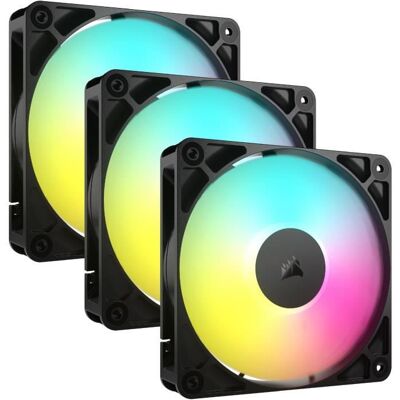 Pack de 3 ventilateurs ARGB 120mm - CORSAIR - RS120 - Refroidissement exceptionnel et effets lumineux dynamiques Noir - Publicité Pack de 3 ventilateurs ARGB 120mm - CORSAIR - RS120 - Refroidissement exceptionnel et effets lumineux dynamiques Noir - Publicité