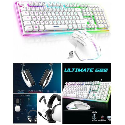 Pack Gamer ULTIMATE 600 - Spirit of Gamer - Clavier Souris Casque - Sans Fil - RGB - Bluetooth 7.1 Blanc - Publicité Pack Gamer ULTIMATE 600 - Spirit of Gamer - Clavier Souris Casque - Sans Fil - RGB - Bluetooth 7.1 Blanc - Publicité