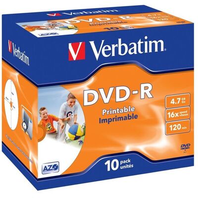 DVD-R Imprimable 16X Verbatim - Pack de 10 - Boitier crystal - 4.7 Go - 120 minutes - Publicité DVD-R Imprimable 16X Verbatim - Pack de 10 - Boitier crystal - 4.7 Go - 120 minutes - Publicité