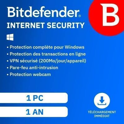 Bitdefender Internet Security 2026* - (1 PC - 1 An) Renouvellement automatique Version Téléchargement - Publicité Bitdefender Internet Security 2026* - (1 PC - 1 An) Renouvellement automatique Version Téléchargement - Publicité