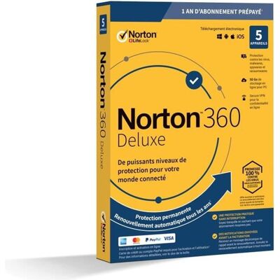 NORTON GEN DIGITAL NORTON 360 Deluxe 50 Go FR 1 Utilisateur 5 Appareils - 12 Mo STD RET ENR MM - Publicité NORTON GEN DIGITAL NORTON 360 Deluxe 50 Go FR 1 Utilisateur 5 Appareils - 12 Mo STD RET ENR MM - Publicité