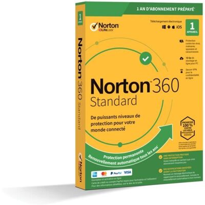 Logiciel antivirus - SYMANTEC - Norton 360 Standard - 10Go - 1 poste - Protection multi-plateforme - Publicité Logiciel antivirus - SYMANTEC - Norton 360 Standard - 10Go - 1 poste - Protection multi-plateforme - Publicité