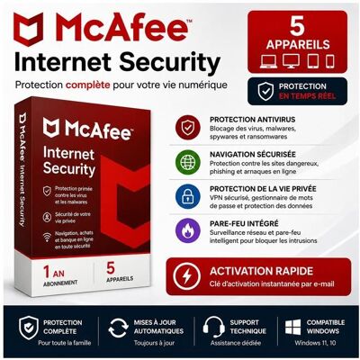 McAfee Internet Security 5 appareils Licence 1 an Activation rapide - Publicité McAfee Internet Security 5 appareils Licence 1 an Activation rapide - Publicité
