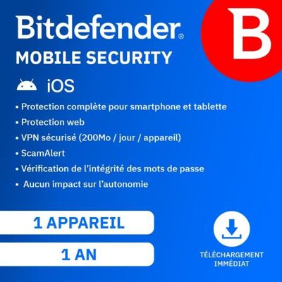 Applications de sécurité - BITDEFENDER - Mobile Security pour Android - Abonnement 1 An - Version Téléchargement - Publicité Applications de sécurité - BITDEFENDER - Mobile Security pour Android - Abonnement 1 An - Version Téléchargement - Publicité