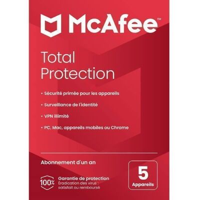 Antivirus - McAfee Total Protection - 5 Appareils - 1 An - Version Téléchargement - Publicité Antivirus - McAfee Total Protection - 5 Appareils - 1 An - Version Téléchargement - Publicité
