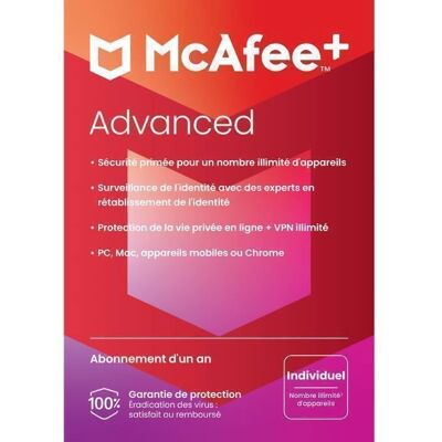 Antivirus McAfee+ Advanced Individuel 2026 - Appareils illimités - 1 An - Version Téléchargement - Publicité Antivirus McAfee+ Advanced Individuel 2026 - Appareils illimités - 1 An - Version Téléchargement - Publicité
