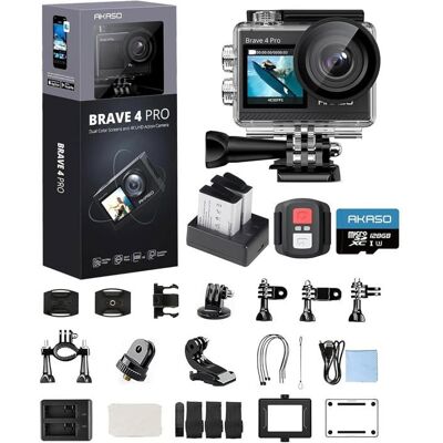 AKASO Brave 4 Pro Caméra Sport 4K 40M avec carte mémoire U3 de 128Go WiFi 20MP Grand angle 170° Double écran EIS Zoom 5X Noir Noir - Publicité AKASO Brave 4 Pro Caméra Sport 4K 40M avec carte mémoire U3 de 128Go WiFi 20MP Grand angle 170° Double écran EIS Zoom 5X Noir Noir - Publicité