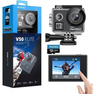 AKASO V50 Elite Action Cam avec Carte Mémoire MicroSDXC 128Go 4K 60fps 20MP WiFi Commande Vocale Ecran Tactile EIS 8X Zoom Noir Noir - Publicité AKASO V50 Elite Action Cam avec Carte Mémoire MicroSDXC 128Go 4K 60fps 20MP WiFi Commande Vocale Ecran Tactile EIS 8X Zoom Noir Noir - Publicité