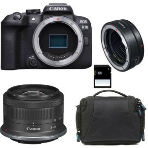 Hybride Canon appareil photo hybride eos r10 + rf-s 18-45mm f/4.5-6.3 is stm + sac + carte sd 8 go + bague ef-eos r Noir - Publicité Hybride Canon appareil photo hybride eos r10 + rf-s 18-45mm f/4.5-6.3 is stm + sac + carte sd 8 go + bague ef-eos r Noir - Publicité