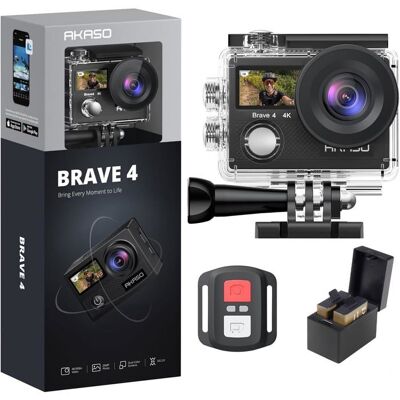 AKASO Brave 4 Caméra action 4K 30fps 20MP étanche 40m double écran 0.96/2 EIS WiFi télécommande micro ext Zoom 5X kit accessoires Noir - Publicité AKASO Brave 4 Caméra action 4K 30fps 20MP étanche 40m double écran 0.96/2 EIS WiFi télécommande micro ext Zoom 5X kit accessoires Noir - Publicité