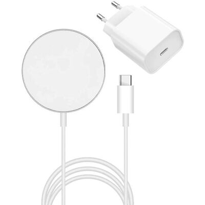 Chargeur induction + secteur compatible magsafe pour iPhone 17/17 AIR/17 PRO/17 PRO MAX/17e/16e - Phonillico® Blanc - Publicité Chargeur induction + secteur compatible magsafe pour iPhone 17/17 AIR/17 PRO/17 PRO MAX/17e/16e - Phonillico® Blanc - Publicité