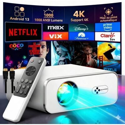 OEM Vidéoprojecteur Netflix Certifié 40000 Lumens Support 4K Android 13 Auto Focus/Keystone 6D WiFi 6/RJ45 Audio 2x8W BT 5.2 Blanc - Publicité OEM Vidéoprojecteur Netflix Certifié 40000 Lumens Support 4K Android 13 Auto Focus/Keystone 6D WiFi 6/RJ45 Audio 2x8W BT 5.2 Blanc - Publicité
