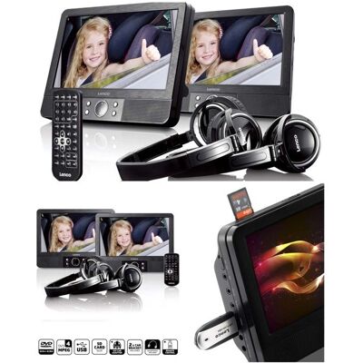 Lecteur DVD portable - LENCO - MES-415 - 2 écrans 9 TFT 16:9 - USB/SD - DVD-R/RW - 2 casques & télécommande Noir - Publicité Lecteur DVD portable - LENCO - MES-415 - 2 écrans 9 TFT 16:9 - USB/SD - DVD-R/RW - 2 casques & télécommande Noir - Publicité