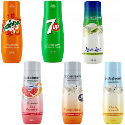 Coffret de 6 concentrés SodaStream Mirinda+7UP+Citron-Citron vert+Pamplemousse+Orange-Mangue+Limonade Vert - Publicité Coffret de 6 concentrés SodaStream Mirinda+7UP+Citron-Citron vert+Pamplemousse+Orange-Mangue+Limonade Vert - Publicité