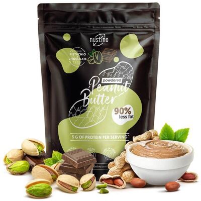 Beurre de Cacahuète en Poudre Pistache & Chocolat -90 % de Graisse en Moins Nustino - Sans Sucre - Riche en Protéines 400g - Publicité Beurre de Cacahuète en Poudre Pistache & Chocolat -90 % de Graisse en Moins Nustino - Sans Sucre - Riche en Protéines 400g - Publicité