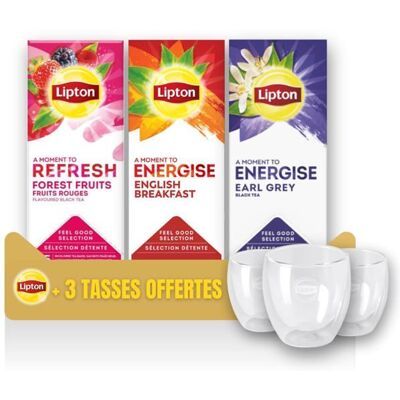 Lipton Feel Good Selection- 3 saveurs + 3 tasses OFFERTES- Thé noir - Earl Grey English Breakfast Fruits rouges - Publicité Lipton Feel Good Selection- 3 saveurs + 3 tasses OFFERTES- Thé noir - Earl Grey English Breakfast Fruits rouges - Publicité