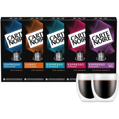 Carte Noire Coffret Cadeau - 50 Capsules avec 2 tasses 8cl - Lungo N°6 - Classico N°7 - Puissant N°11 - Décaféiné N°5 - Intense N°9 - Publicité Carte Noire Coffret Cadeau - 50 Capsules avec 2 tasses 8cl - Lungo N°6 - Classico N°7 - Puissant N°11 - Décaféiné N°5 - Intense N°9 - Publicité