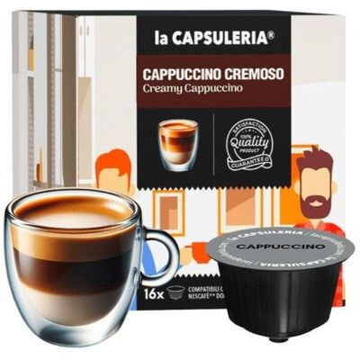 Cappuccino Crémeux 96 capsules compatibles Nescafé Dolce Gusto 8 boîtes de 16 - La Capsuleria - Publicité Cappuccino Crémeux 96 capsules compatibles Nescafé Dolce Gusto 8 boîtes de 16 - La Capsuleria - Publicité