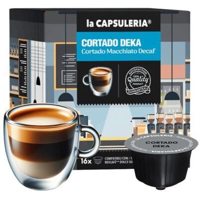 Cortado Deca 96 capsules compatibles Nescafé Dolce Gusto 8 boîtes de 16 - La Capsuleria - Publicité Cortado Deca 96 capsules compatibles Nescafé Dolce Gusto 8 boîtes de 16 - La Capsuleria - Publicité