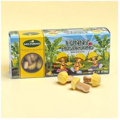 LOZANO Biscuits champignons banane boîte de 60 g - Publicité LOZANO Biscuits champignons banane boîte de 60 g - Publicité