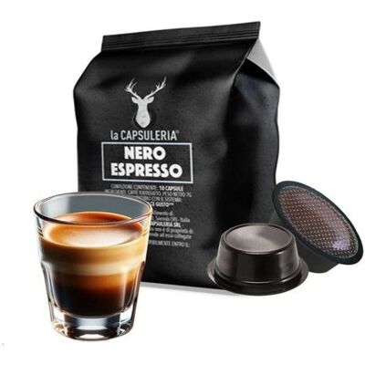 Café Nero Espresso 100 capsules compatibles Lavazza A Modo Mio 10 boîtes de 10 - La Capsuleria - Publicité Café Nero Espresso 100 capsules compatibles Lavazza A Modo Mio 10 boîtes de 10 - La Capsuleria - Publicité